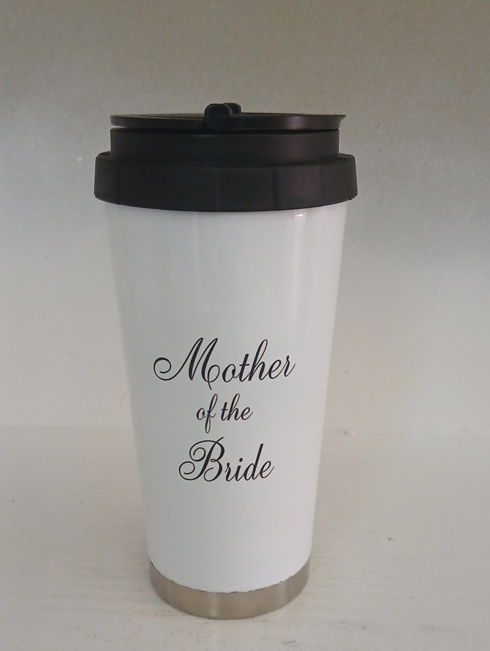 Mother of the Bride White Travel Tumbler with Black Lid